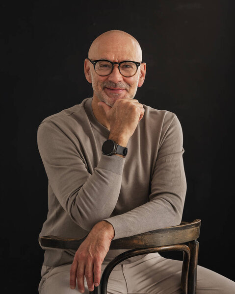 Mid Aged Man Studio Portrait Black Background Bald Stubbled Man Stock Picture