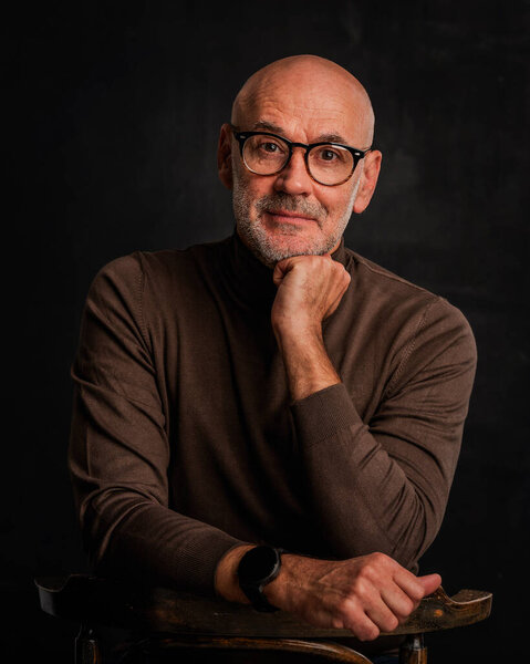 Mid Aged Man Studio Portrait Black Background Bald Stubbled Man Stock Picture