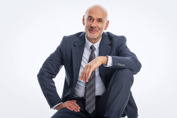 Mid Aged Man Sitting Isolated White Background Handsome Man Wearing Royalty Free Stock Photos