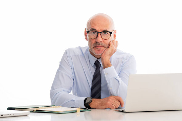 Mid Aged Businessman Sitting Desk Using Notebook Work Isolated Background Stock Image