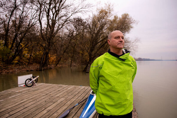 Close Portrait Middle Aged Man Wearing Dry Suit Standing Jetty Stock Image