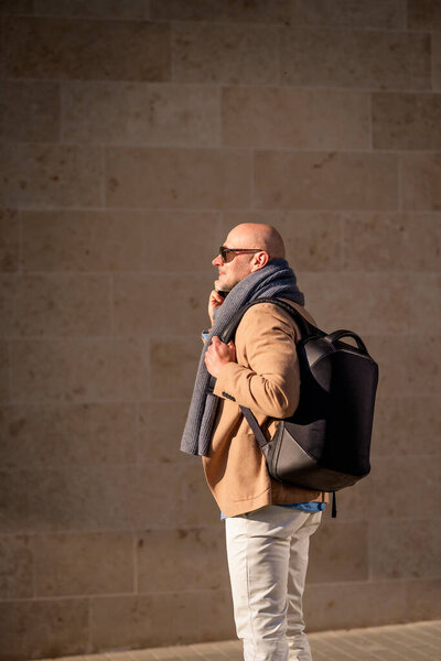 Middle Aged Man Walking Street Using His Phone Confident Male Royalty Free Stock Images