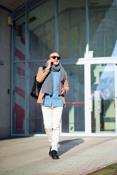 Middle Aged Man Walking Street Using His Phone Confident Male Royalty Free Stock Photos