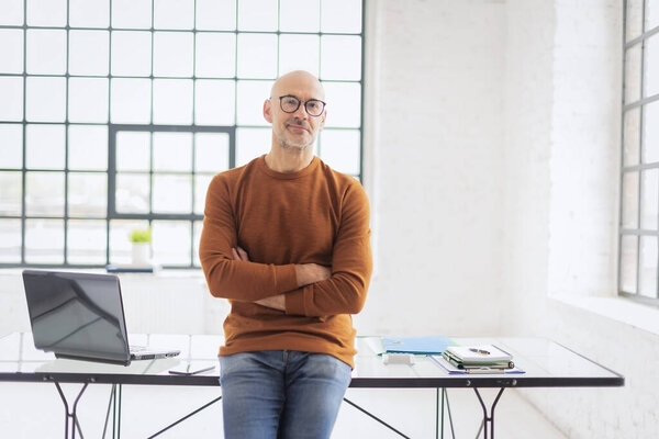 Mid Aged Man Wearing Casual Clothes Standing Desk Office Stock Photo