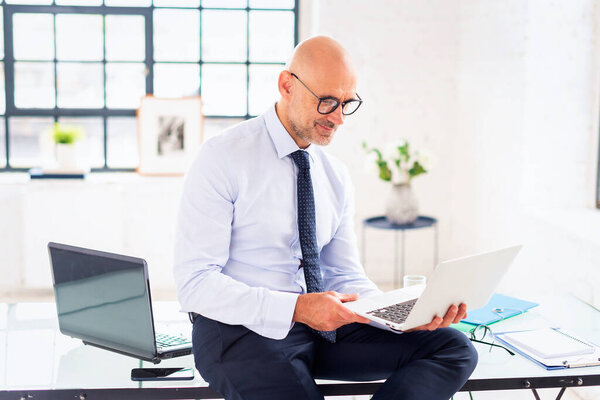 Middle Aged Businessman Sitting His Office Working Professional Man Using Royalty Free Stock Images