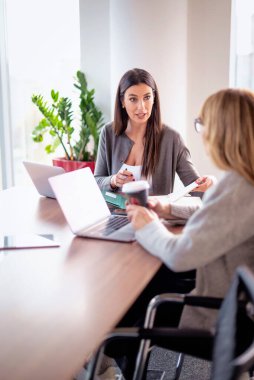 Modern bir ofiste masa başında oturan ve dizüstü bilgisayarlarla çalışan iki iş kadını. Takım çalışması. Bir grup iş adamı toplantı sırasında tartışıyor.