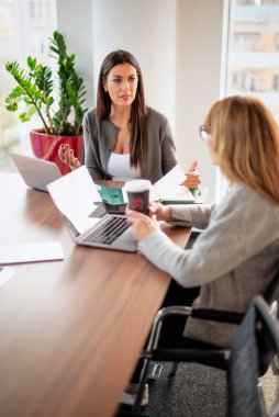 Bir grup iş arkadaşı masanın etrafında oturuyor ve iş toplantısı yapıyorlar. Orta yaşlı iş adamları dizüstü bilgisayar kullanıyor ve tartışıyorlardı. Takım çalışması.. 