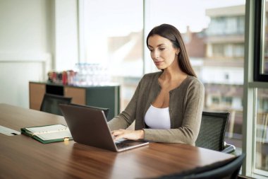 İş için bilgisayarını kullanan gülümseyen bir iş kadını. Modern bir ofiste oturan çekici, profesyonel bir kadın web konferansı yapıyor..