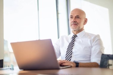 Orta yaşlı bir iş adamının ofis masasında dizüstü bilgisayar kullanırken görüntüsü. Modern bir ofiste çalışan profesyonel bir adam..