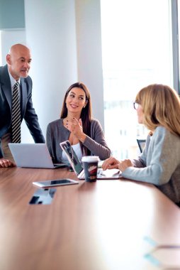 İş arkadaşları toplantıda dizüstü bilgisayar kullanıyor. Takım çalışması. Modern bir ofiste iş adamları toplantı sırasında tartışıyor..
