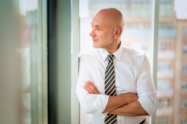 Ofiste duran orta yaşlı bir iş adamı. Kendine güveni tam profesyonel bir adam, sıradan giyinmiş ve pencereden dışarı dikkatlice bakıyor.