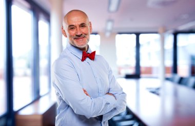 Modern işyerindeki kıdemli işadamının portresi. Gömlek ve kravat takan ve kameraya bakan kendine güvenen profesyonel bir adam.. 