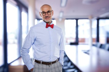 Modern işyerindeki kıdemli işadamının portresi. Gömlek ve kravat takan ve kameraya bakan kendine güvenen profesyonel bir adam.. 