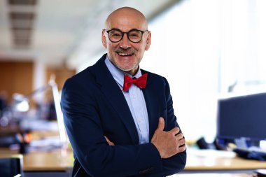 İdari işadamı ofiste duruyor. Kendine güvenen erkek takım elbiseli ve kameraya gülüyor. Yakın çekim.. 