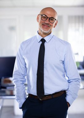 İdari işadamı ofiste duruyor. Kendine güvenen erkek gömlek ve kravat takıyor ve kameraya gülümsüyor. Yakın çekim.. 