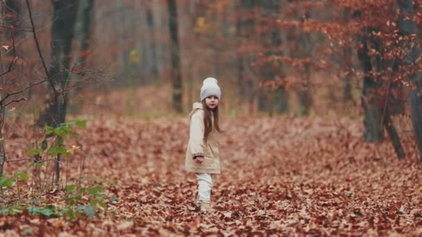 Mała Dziewczynka Biegnie Przez Jesienny Las — Wideo stockowe