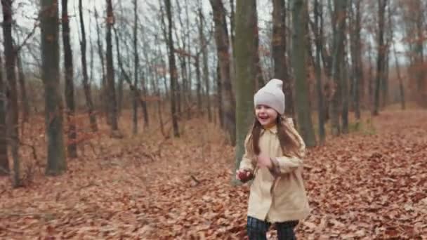Little Girl Running Autumn Forest — ストック動画