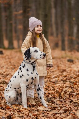 Sonbahar ormanında Dalmaçyalı köpeği olan bir kız.