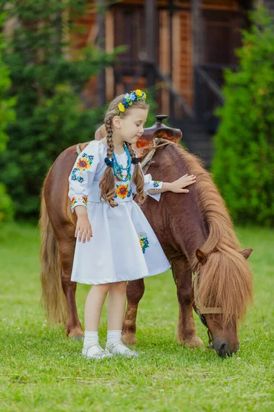 身着乌克兰民族服装的小女孩在草坪上抚摸着一匹正在吃草的小马 — 图库照片