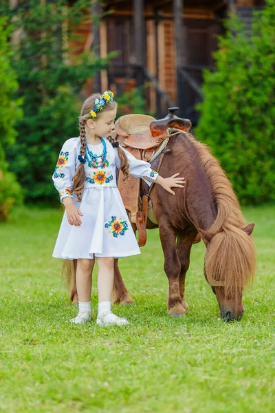 身着乌克兰民族服装的小女孩在草坪上抚摸着一匹正在吃草的小马 — 图库照片