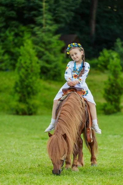 Ukrayna Ulusal Kostümlü Küçük Bir Kız Çimlerin Üzerinde Midilliye Biniyor — Stok fotoğraf