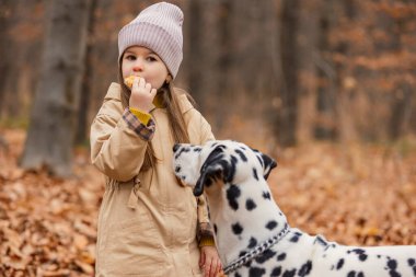 Sonbahar ormanında köpeği olan küçük bir kız.