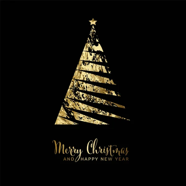 抽象的な黄金の縞模様の三角形のクリスマスツリーとミニマルなシンプルなレタリングとベクトル黒の現代的なシンプルなトレンディーなクリスマスカード メタリックゴールデントレンディーな幸せな新年カードレイアウト — ストックベクタ
