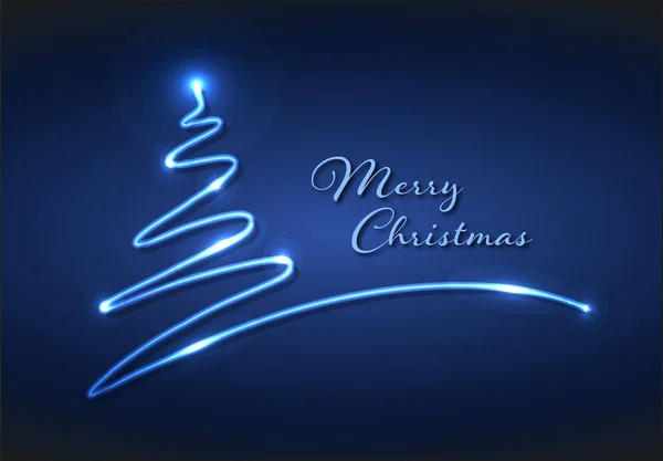 青いネオン管から1ストロークで作られたクリスマスツリーとクリスマスカード いくつかのライトとあなたのテキストのための場所 青バージョン — ストックベクタ
