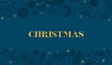 Vector vintage el yapımı Noel kartı afişi çeşitli mevsimsel şekillere sahip - zencefilli ekmek, ökseotu, koni, fındık - koyu mavi ve sarı versiyonu