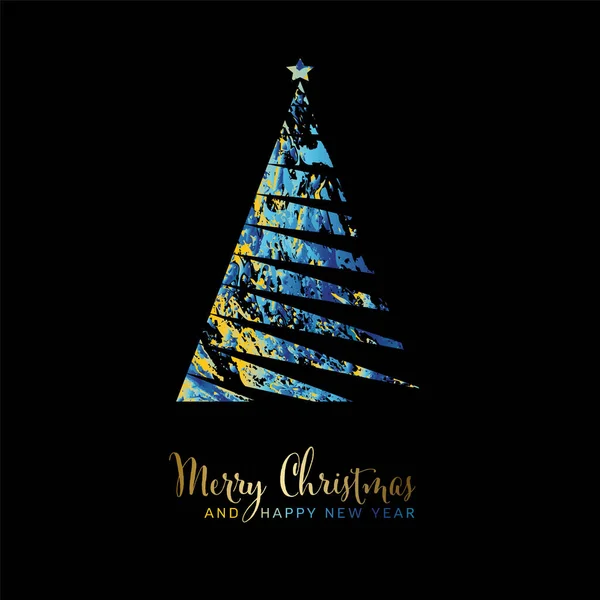 抽象的なストライプの三角形のクリスマスツリーとミニマルなシンプルなレタリングとベクトル青と黄色の現代的なシンプルなトレンディーなクリスマスカード 新鮮な色トレンディーな幸せな新年カードレイアウト — ストックベクタ