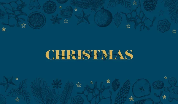 ジンジャーブレッド ミステリー コーン ナッツ ダークブルーと黄色のバージョン 様々な季節の形状を持つベクトルヴィンテージ手描きクリスマスカードバナーチラシ — ストックベクタ