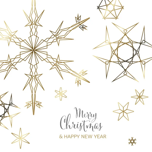 ホワイトの背景に金色の線の幾何学的な雪の結晶とミニマリズムクリスマスフライヤーカードのテンプレート ミニマリズムメリークリスマス幾何学カード — ストックベクタ