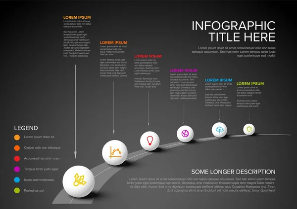 Vector Dark Infographic Company Milestones Timeline Template Big Spherees Arrow — Stock Vector