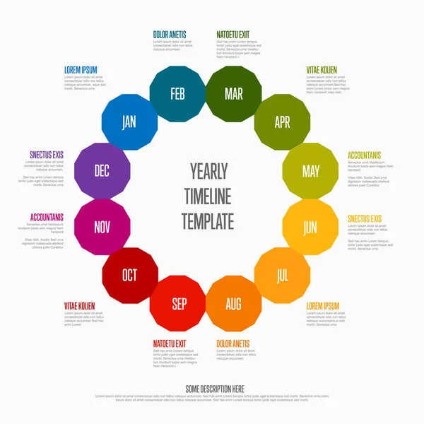 Full Year Timeline Template All Rainbow Colored Months Circles One — Stock Vector