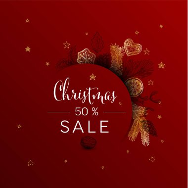 Vector vintage el yapımı Noel indirimi kartı çeşitli mevsimlik şekillerde - zencefilli ekmekler, ökseotu, koni, fındık - kırmızı arka planda halka çerçeve versiyonu