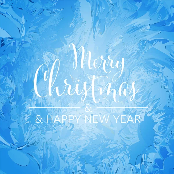 青い円冬のクリスマスと新年のカードは 窓の効果と白いテキストを凍結メリークリスマスとハッピーニューイヤー — ストックベクタ