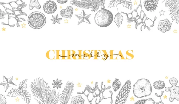 ベクトルヴィンテージ手描きクリスマスカードバナーフライヤー様々な季節の形状 生姜パン ミステリー コーン ナッツ グレーと黄色のインクと白のバージョン — ストックベクタ