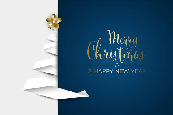 クリスマスの願いのテキストと白い紙のストライプリボンから作られたクリスマスツリーカードテンプレート 白と濃い青の背景にシンプルなミニマリズムのクリスマスツリーテンプレートレイアウト — ストックベクタ