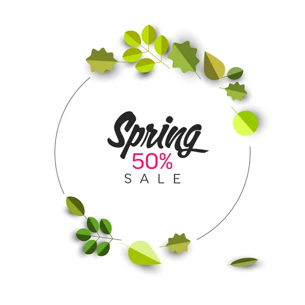 Spring Light Minimalist Sale Circle Label Made Minimalist Leafs Place — Stock Vector