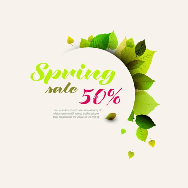 Spring Minimalist Sale Circle Label Made Fresh Green Leafs Place — Stock Vector