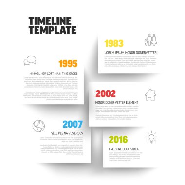 Vector simple infographic vertical time line template with rectangle placeholders. Business company timeline overview profile withbig year, icons and text blocks. Multipurpose timeline infograph or infochart.