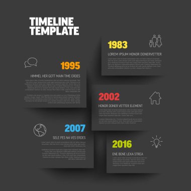 Vector simple dark infographic vertical time line template with rectangle placeholders. Business company timeline overview profile withbig year, icons and text blocks. Multipurpose timeline infograph or infochart.