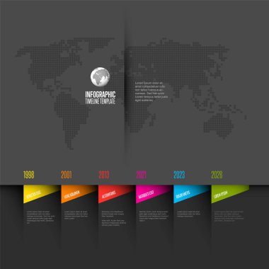 Vector dark horizontal progress timeline template with six years triangle milestones with descriptions. Dark colorful timeline with color headlines on folded paper