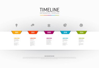 Vector light Infographic timeline template with horizontal white stripe and colorful tabs, years, icons and descriptions. Simple minimalistic time line template