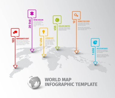 Light World map infographic template with thin line square pointer marks and icons, description and year labels. Simple worldmap infochart template layout design