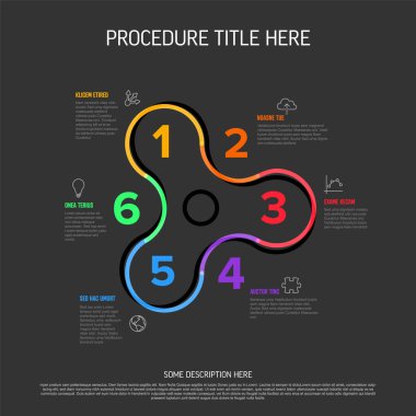 Minimalistic vector thick line six steps elements in spinner gadget tool shape template. Multipurpose dark infographic template with descriptions, icons, thick color  big numbers for aeach step of the procedure process