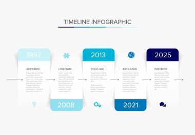 Vector simple infographic horizontal time line template with rectangle placeholders. Business company timeline overview profile with icons and text blocks. Multipurpose timeline infograph or infochart.