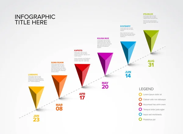 Bunte Vektorinfografik Timeline Berichtsvorlage Mit Sechs Dreieck Pyramidenpfeil Pins Auf — Stockvektor