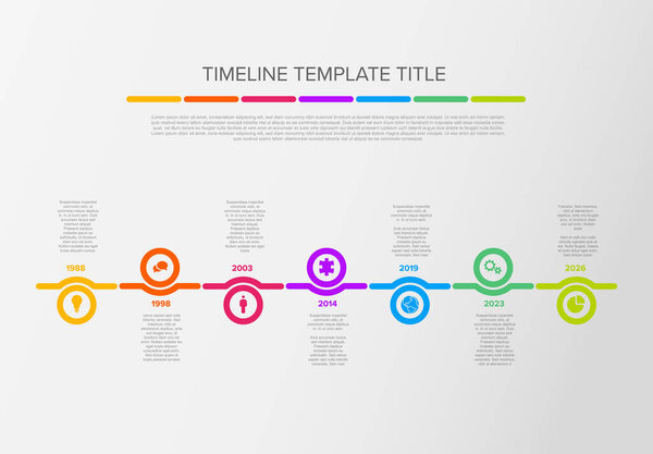 Vector light color time line with icons in circles template made from six light circles with icons, descriptions and rainbow colorful arrows timeline in the white background. Light timeline with color icons