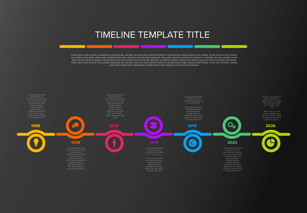 Vector dark color time line with icons in circles template made from six light circles with icons, descriptions and rainbow colorful arrows timeline in the dark background. Dark timeline with color icons